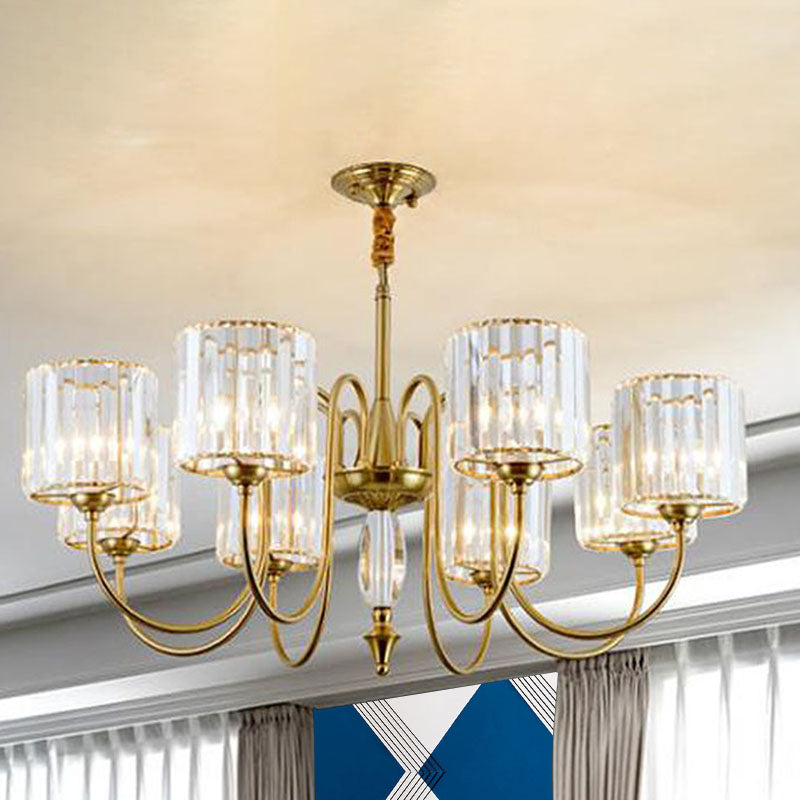 Lustre de plafond cylindrique contemporain en laiton avec facettes en cristal - Lampe suspendue à 3/5/6 têtes