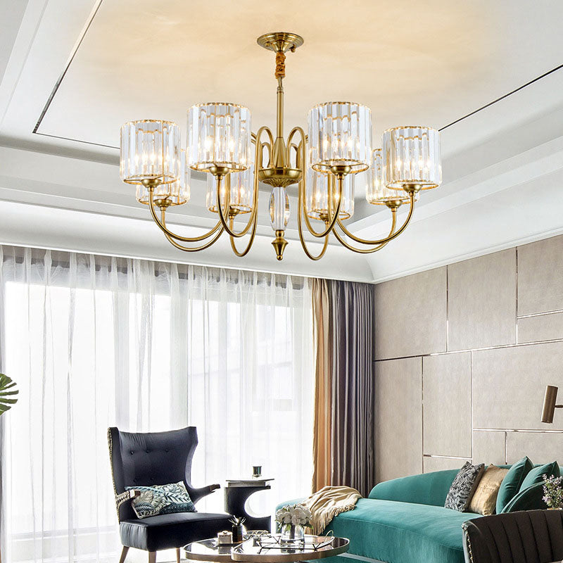 Lustre de plafond cylindrique contemporain en laiton avec facettes en cristal - Lampe suspendue à 3/5/6 têtes