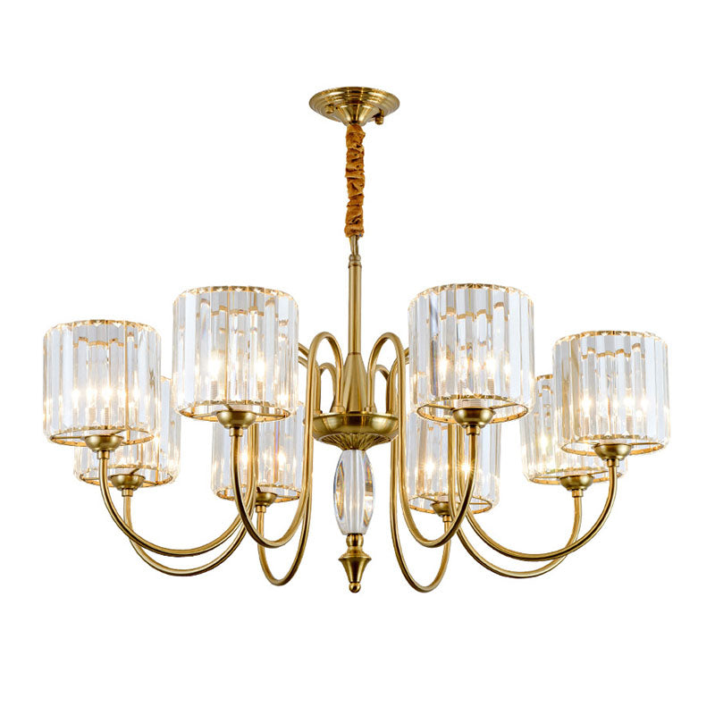 Lustre de plafond cylindrique contemporain en laiton avec facettes en cristal - Lampe suspendue à 3/5/6 têtes