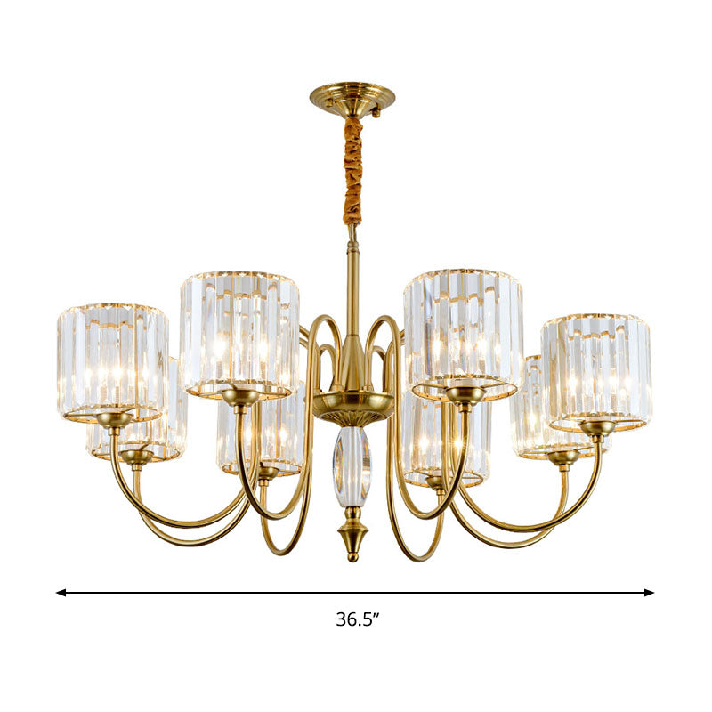 Lustre de plafond cylindrique contemporain en laiton avec facettes en cristal - Lampe suspendue à 3/5/6 têtes