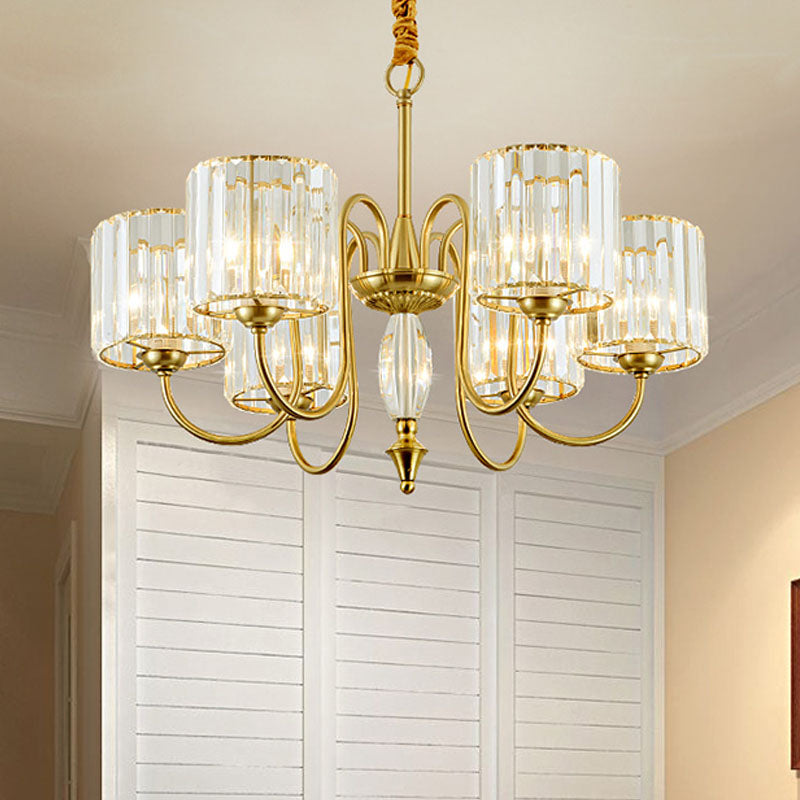 Lustre de plafond cylindrique contemporain en laiton avec facettes en cristal - Lampe suspendue à 3/5/6 têtes