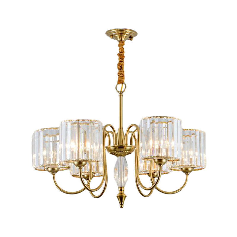 Lustre de plafond cylindrique contemporain en laiton avec facettes en cristal - Lampe suspendue à 3/5/6 têtes
