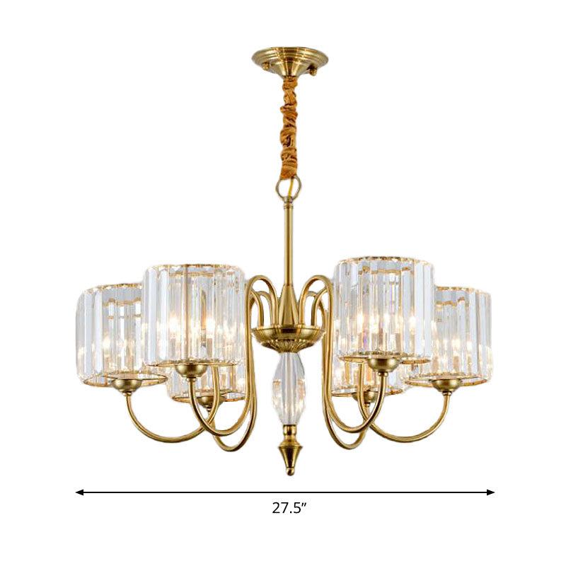 Lustre de plafond cylindrique contemporain en laiton avec facettes en cristal - Lampe suspendue à 3/5/6 têtes