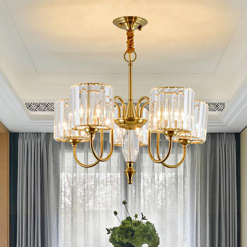 Lustre de plafond cylindrique contemporain en laiton avec facettes en cristal - Lampe suspendue à 3/5/6 têtes