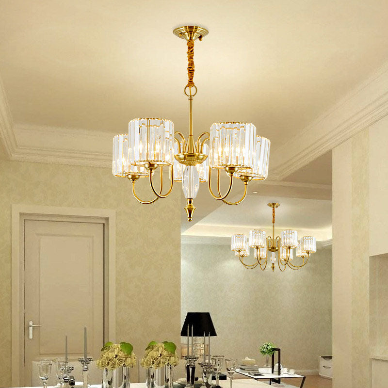 Lustre de plafond cylindrique contemporain en laiton avec facettes en cristal - Lampe suspendue à 3/5/6 têtes