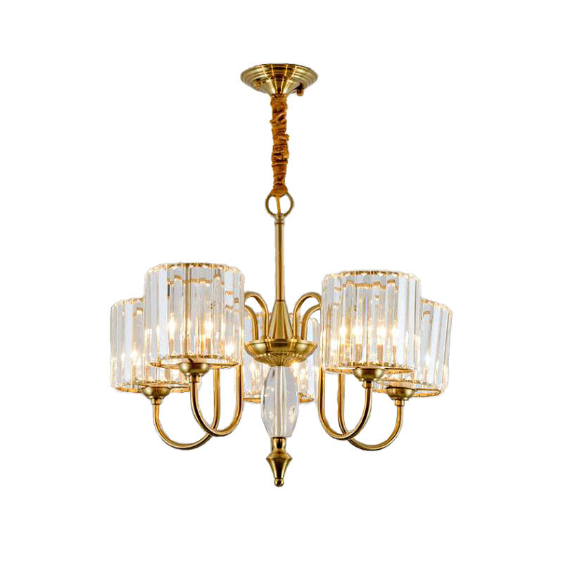 Lustre de plafond cylindrique contemporain en laiton avec facettes en cristal - Lampe suspendue à 3/5/6 têtes