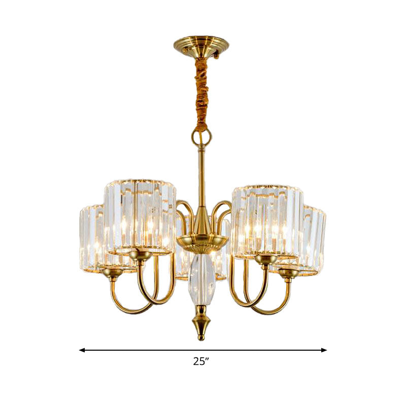 Lustre de plafond cylindrique contemporain en laiton avec facettes en cristal - Lampe suspendue à 3/5/6 têtes