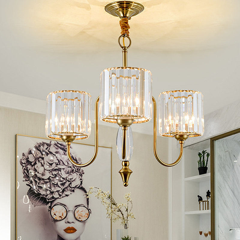 Lustre de plafond cylindrique contemporain en laiton avec facettes en cristal - Lampe suspendue à 3/5/6 têtes