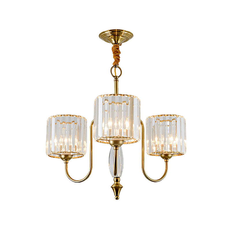 Lustre de plafond cylindrique contemporain en laiton avec facettes en cristal - Lampe suspendue à 3/5/6 têtes