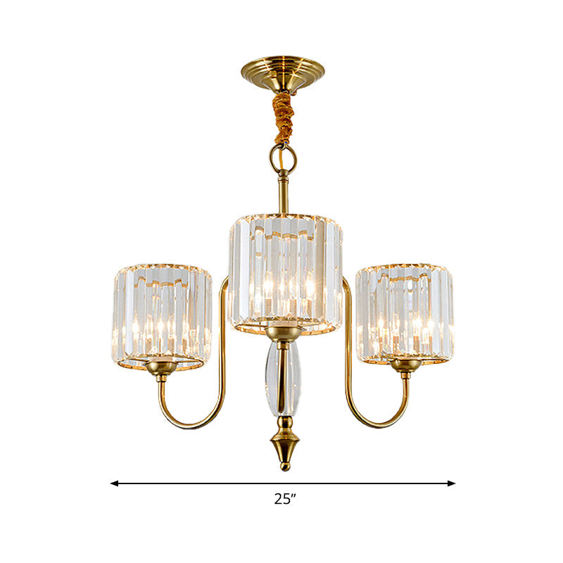 Lustre de plafond cylindrique contemporain en laiton avec facettes en cristal - Lampe suspendue à 3/5/6 têtes