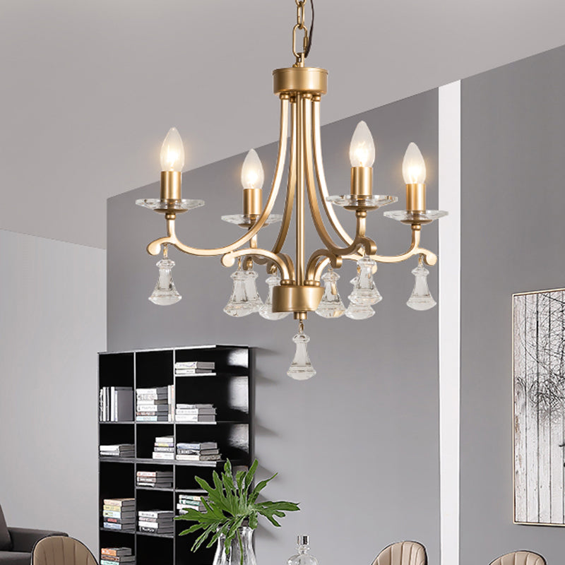 Lustre moderne en laiton en forme d'étoile - Suspension en métal à 4 ampoules avec goutte de cristal
