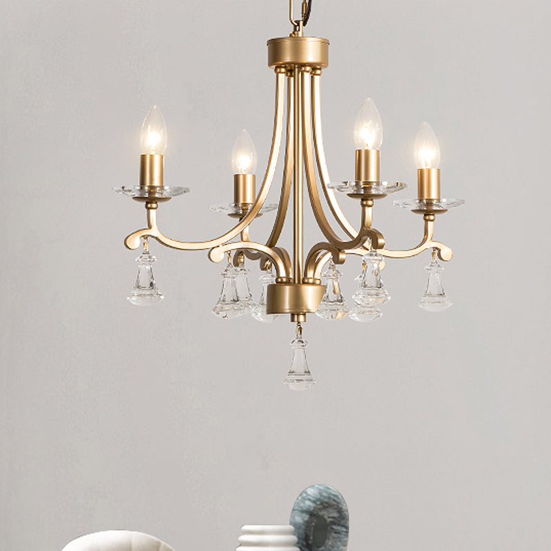 Lustre moderne en laiton en forme d'étoile - Suspension en métal à 4 ampoules avec goutte de cristal