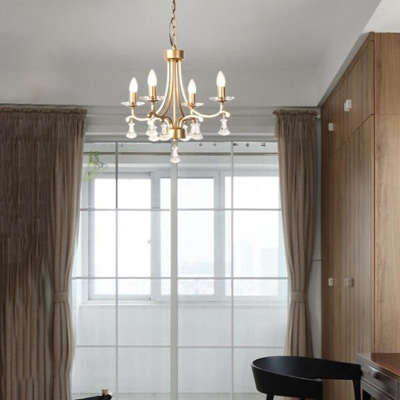 Lustre moderne en laiton en forme d'étoile - Suspension en métal à 4 ampoules avec goutte de cristal