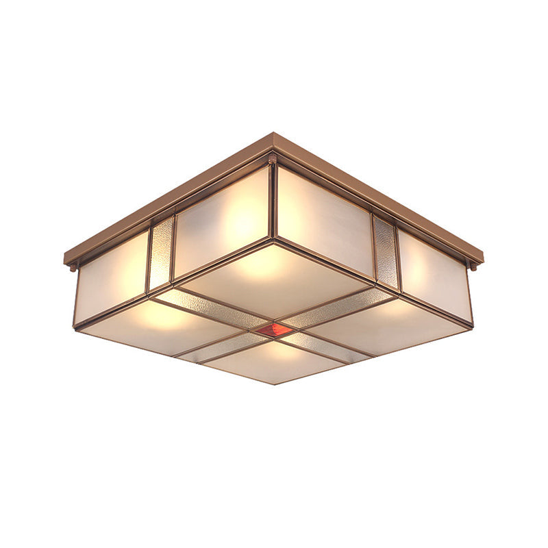 Plafonnier vintage en laiton avec abat-jour en verre dépoli - Plafonnier 2/4 lumières pour salon