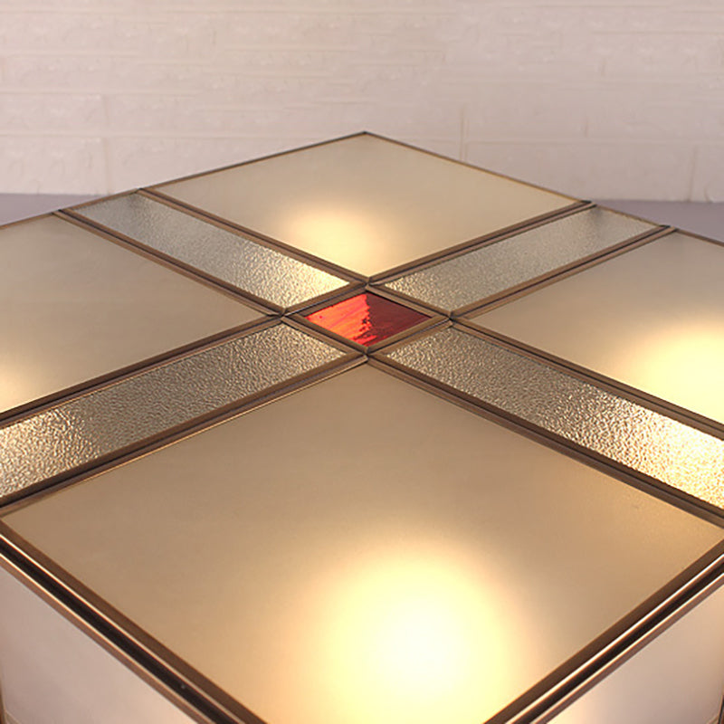 Plafonnier vintage en laiton avec abat-jour en verre dépoli - Plafonnier 2/4 lumières pour salon