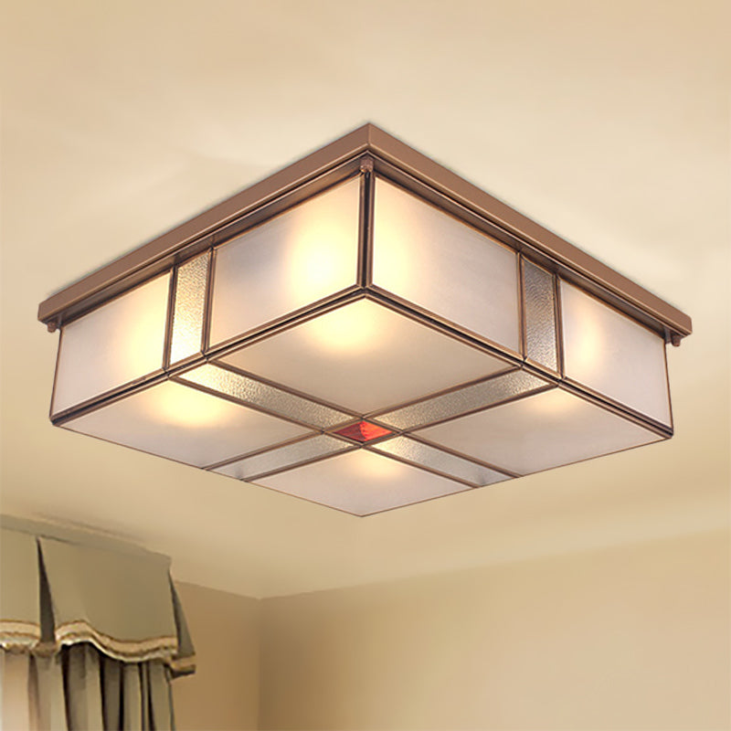 Plafonnier vintage en laiton avec abat-jour en verre dépoli - Plafonnier 2/4 lumières pour salon