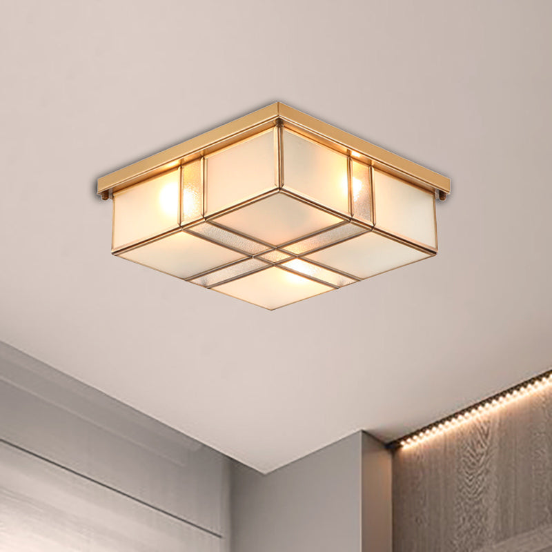 Vintage Brass Square Flush Mount Light with Frosted Glass Shades - Perfect for Bedrooms and Hallways