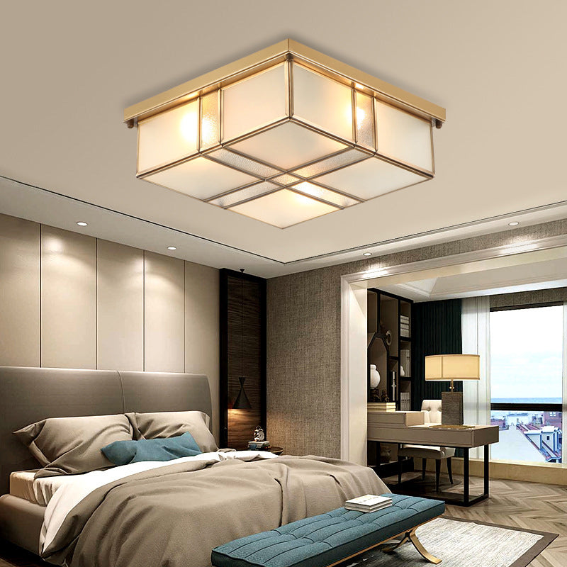 Vintage Brass Square Flush Mount Light With Frosted Glass Shades - Perfect For Bedrooms And Hallways