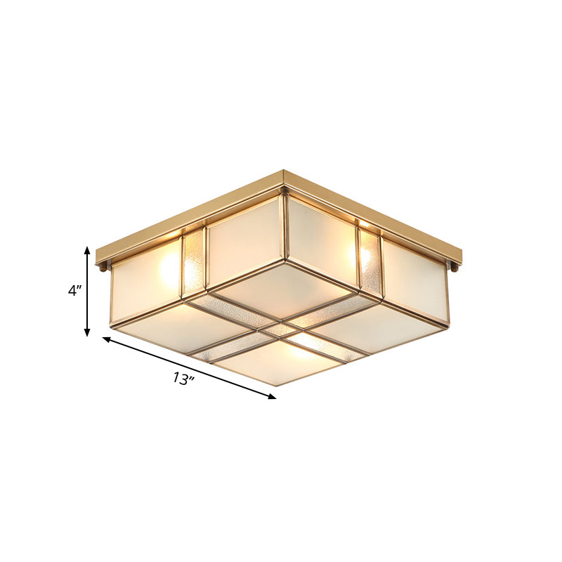 Vintage Brass Square Flush Mount Light With Frosted Glass Shades - Perfect For Bedrooms And Hallways
