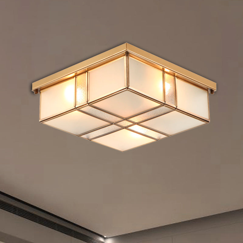 Vintage Brass Square Flush Mount Light With Frosted Glass Shades - Perfect For Bedrooms And Hallways