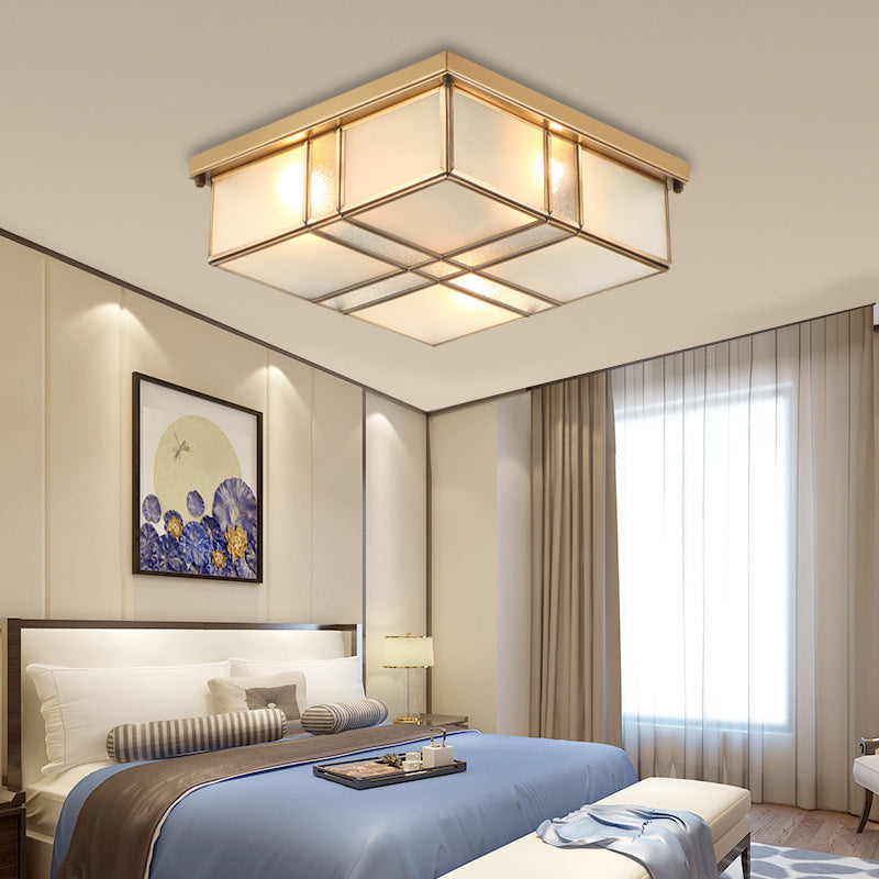 Vintage Brass Square Flush Mount Light With Frosted Glass Shades - Perfect For Bedrooms And Hallways