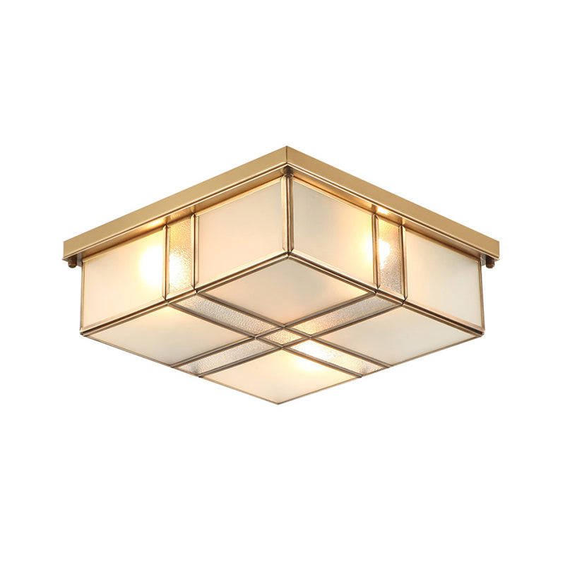 Vintage Brass Square Flush Mount Light With Frosted Glass Shades - Perfect For Bedrooms And Hallways