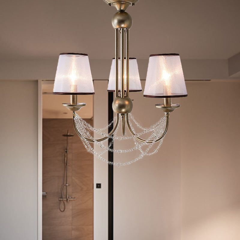Lustre à suspension conique contemporain - Tissu, laiton, perles de cristal - 3/6 ampoules - 21"/28" de large
