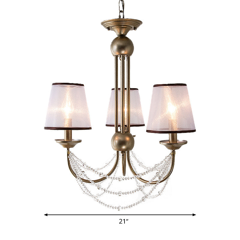 Lustre à suspension conique contemporain - Tissu, laiton, perles de cristal - 3/6 ampoules - 21"/28" de large