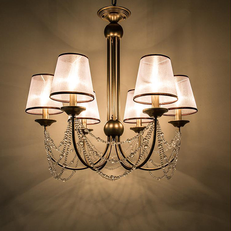 Lustre à suspension conique contemporain - Tissu, laiton, perles de cristal - 3/6 ampoules - 21"/28" de large