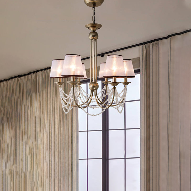 Lustre à suspension conique contemporain - Tissu, laiton, perles de cristal - 3/6 ampoules - 21"/28" de large