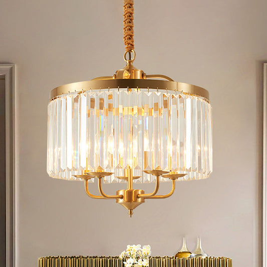 Modern Crystal Cylinder Chandelier Pendant Light - 4 Heads, Brass Finish, Curved Metal Arm