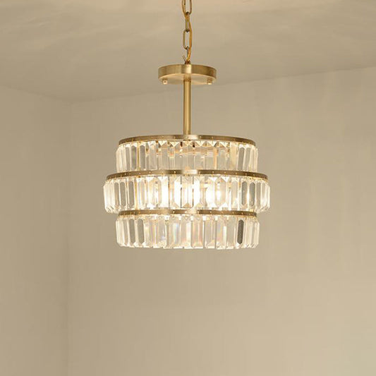 Modernist Brass Layered Ceiling Chandelier with Crystal Suspension - 3 Bulbs Pendant Light