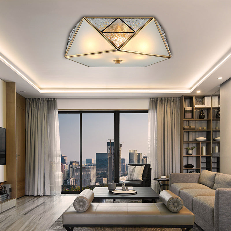 Traditional Geometric Curved Frosted Glass Panel Ceiling Flush Mount - 4/5 Lights Flush Light in Brass for Corridor