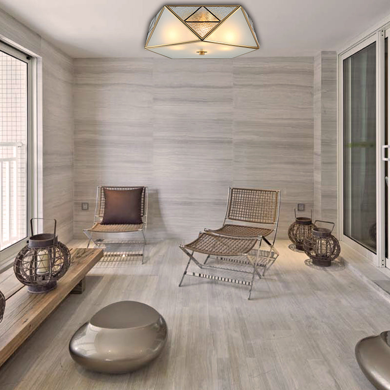 Traditional Geometric Curved Frosted Glass Panel Ceiling Flush Mount - 4/5 Lights Flush Light in Brass for Corridor