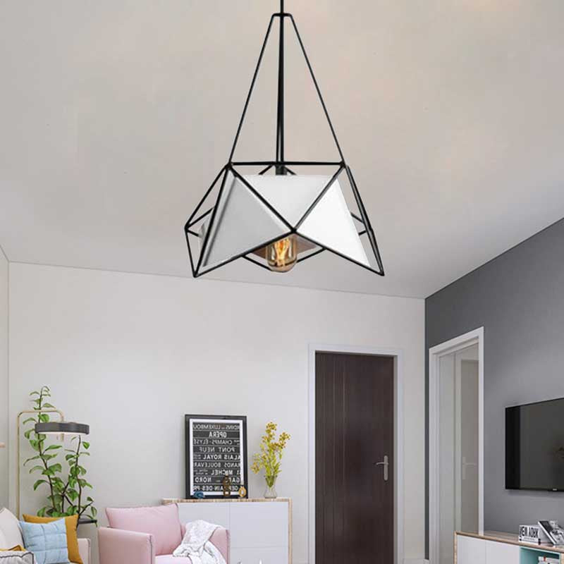 Lampe suspendue polygonale noire/blanche/noire dorée - Design contemporain avec abat-jour en cage métallique - Suspension à 1 lumière pour salle à manger