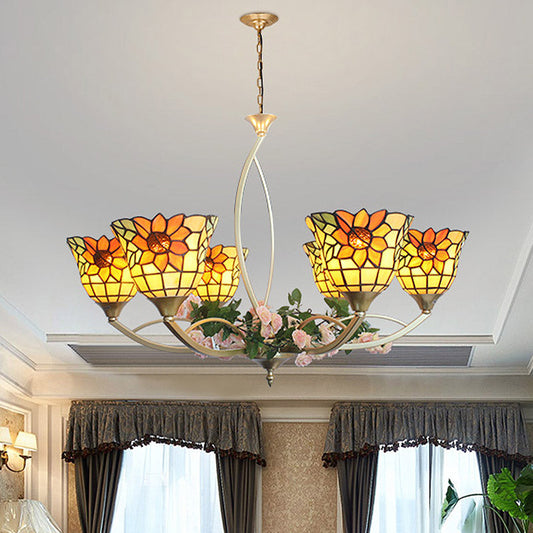 Lustre Tiffany Tournesol/Feuille - 6/8 Lumières, Blanc/Orange pour Salon