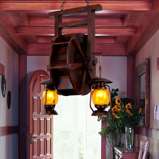 Dark Wood Chandelier with 3 Lights, Amber Glass Lantern - Warehouse Hanging Lamp Kit