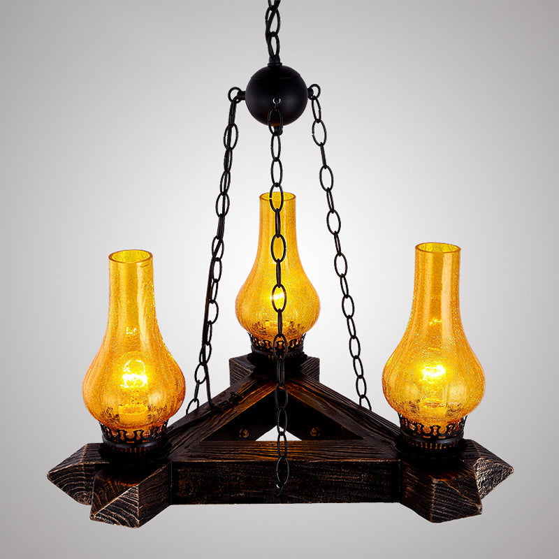 Lustre rétro en bois foncé avec plafond en verre craquelé ambré et 3 lumières – Idéal pour les restaurants