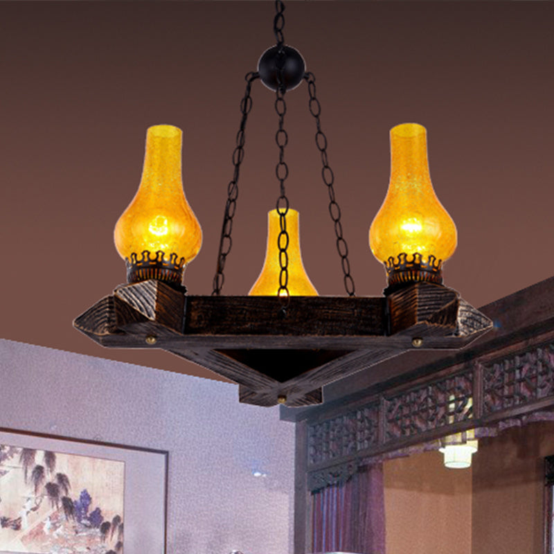 Lustre rétro en bois foncé avec plafond en verre craquelé ambré et 3 lumières – Idéal pour les restaurants