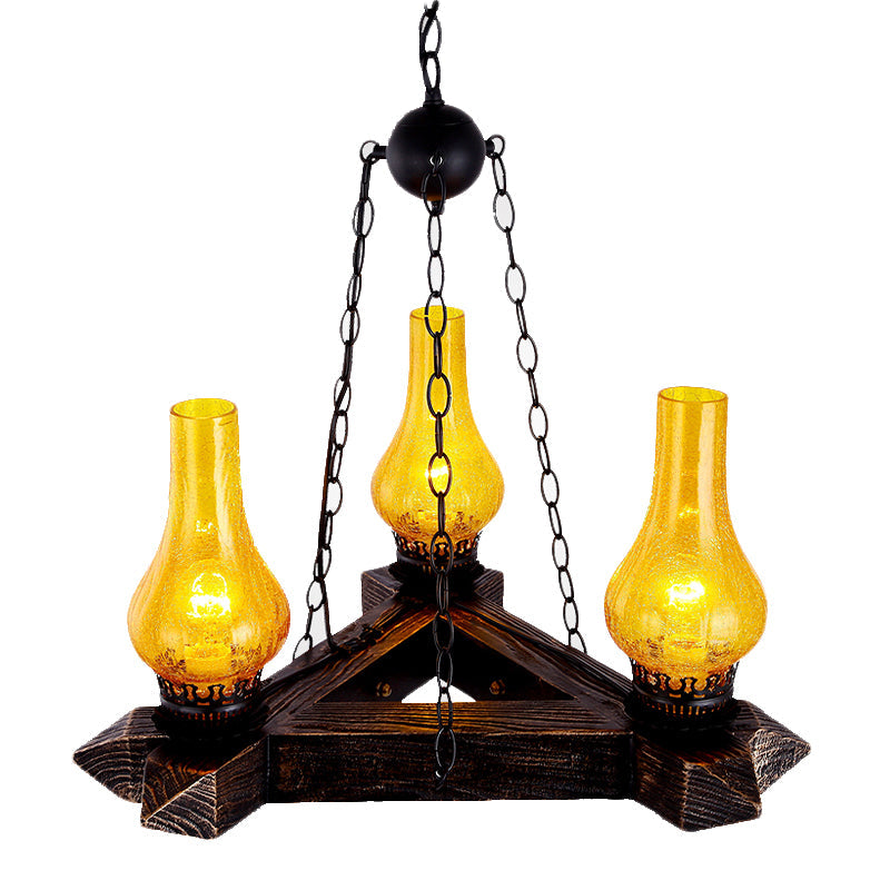Lustre rétro en bois foncé avec plafond en verre craquelé ambré et 3 lumières – Idéal pour les restaurants