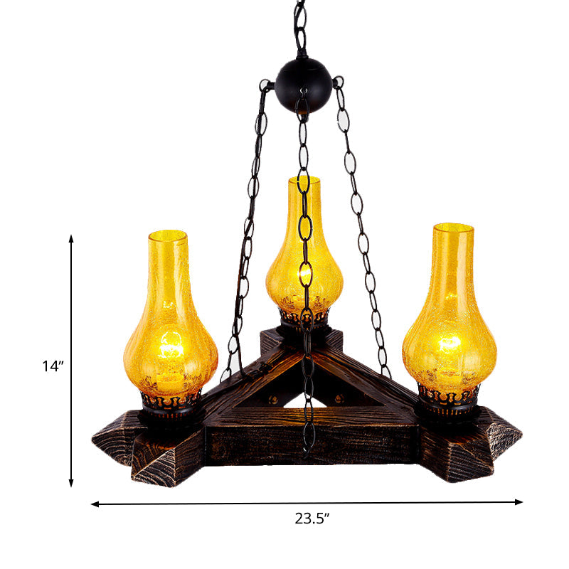 Lustre rétro en bois foncé avec plafond en verre craquelé ambré et 3 lumières – Idéal pour les restaurants