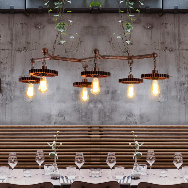 Rustic Metal Island Lamp With 6 Lights - Open Bulb Pendant Lighting For Dining Room Gear Deco Rust