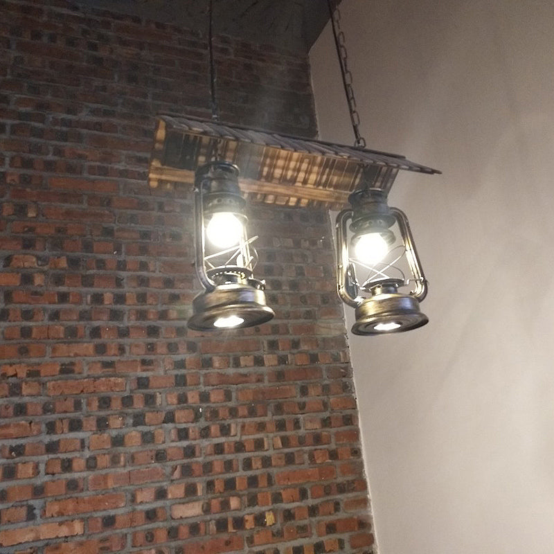 Vintage Style Kerosene Island Light Chandelier With 2 Dark Brown Metal Pendant Lights For Kitchen