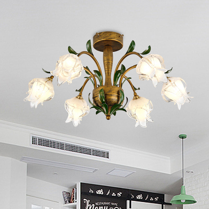 Blossom Bedroom Semi Flush Light - Countryside White/Yellow Glass 6 Lights Brass Ceiling Lighting