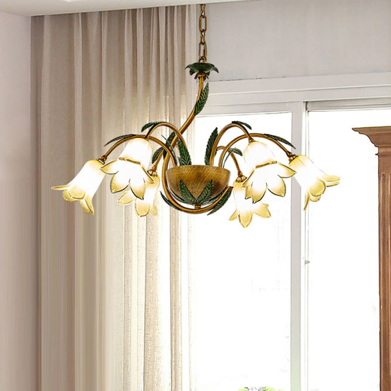Vintage Brass Chandelier With 6 Glass Bloom Pendant Lights For Bedroom White
