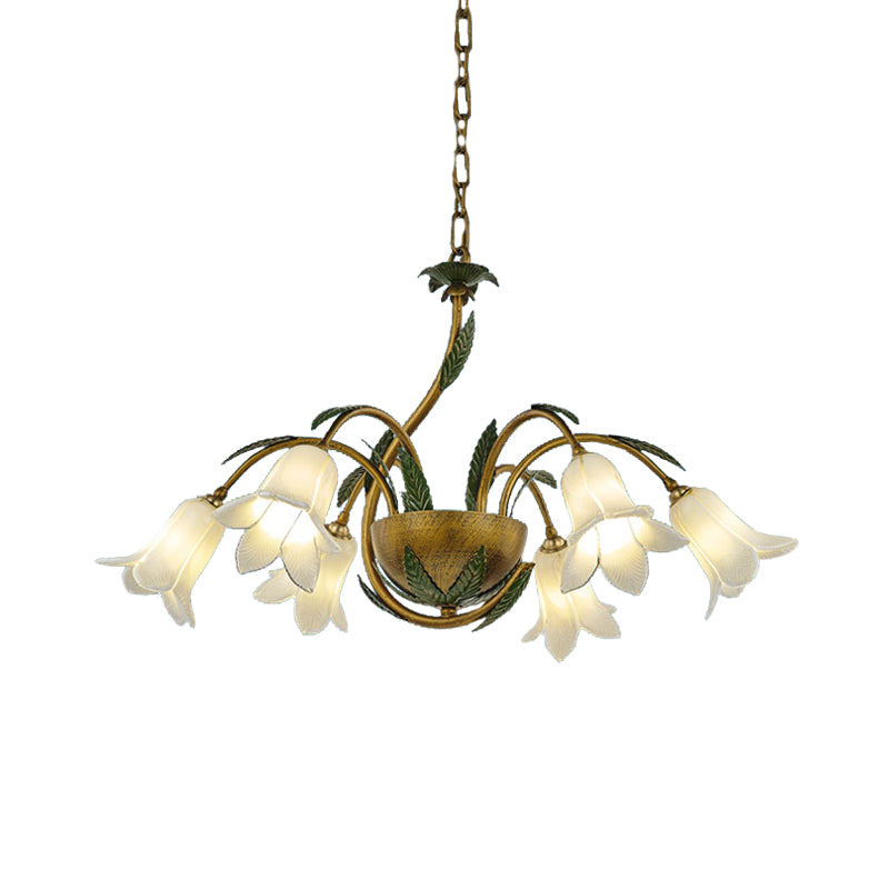 Vintage Brass Chandelier With 6 Glass Bloom Pendant Lights For Bedroom