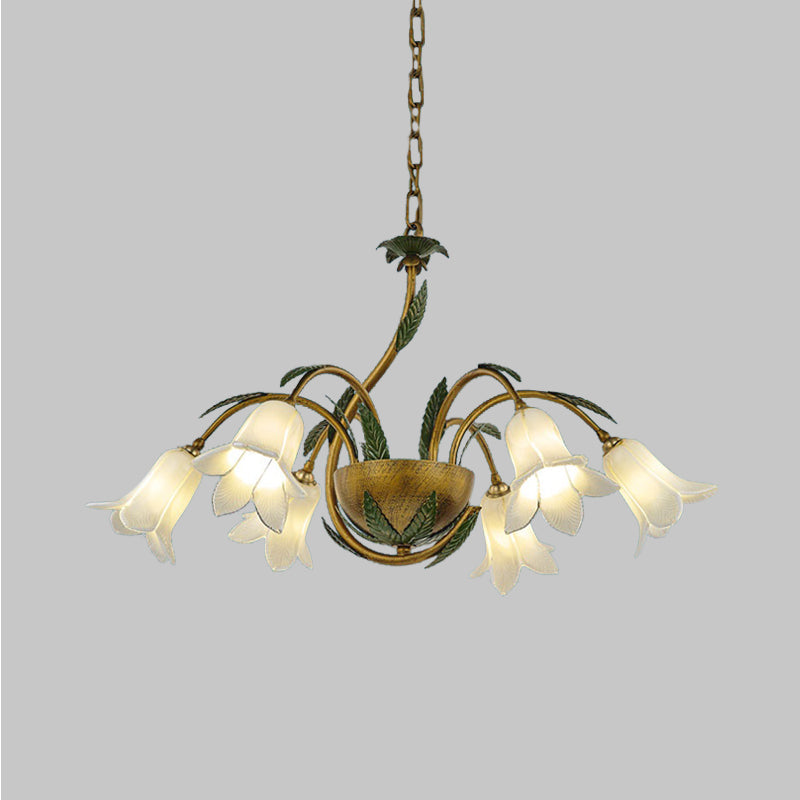 Vintage Brass Chandelier With 6 Glass Bloom Pendant Lights For Bedroom