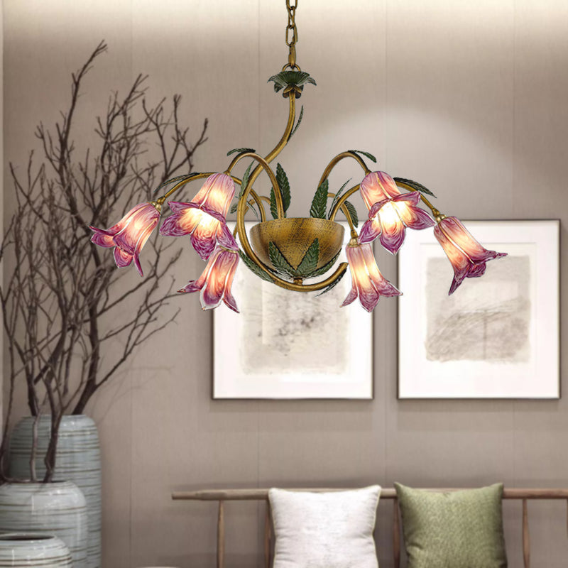Vintage Brass Chandelier With 6 Glass Bloom Pendant Lights For Bedroom
