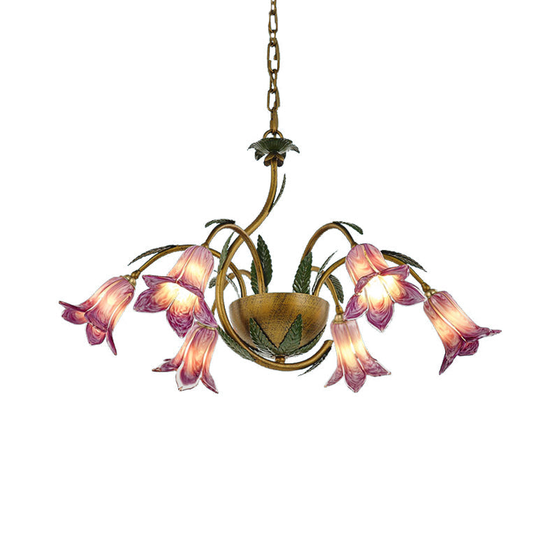 Vintage Brass Chandelier With 6 Glass Bloom Pendant Lights For Bedroom