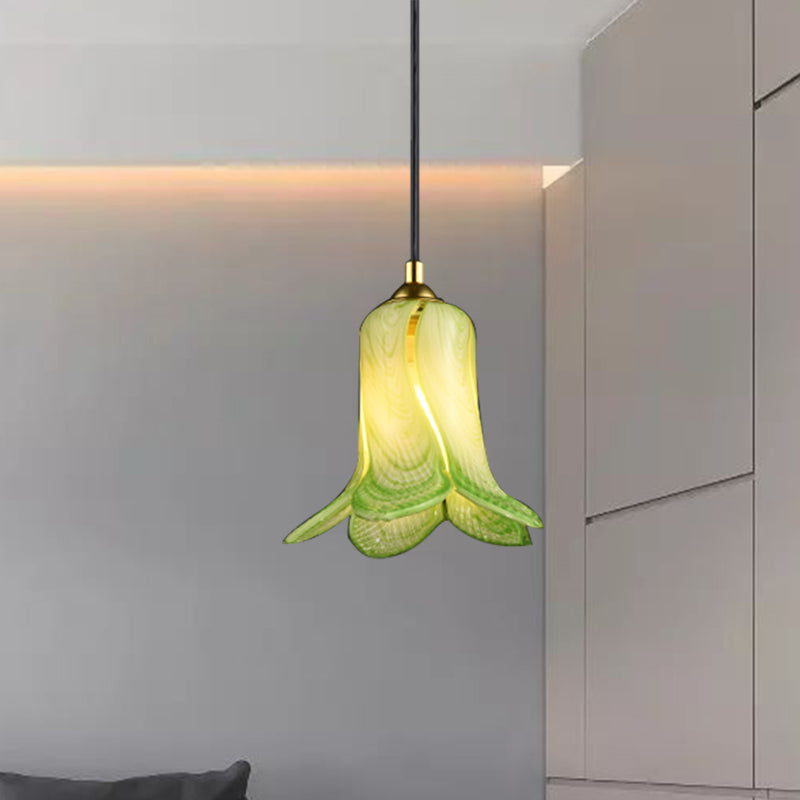 Rustic Bell-Shaped Pendant Light: 1-Light Ceiling Hang Fixture For Bedrooms - White/Green/Purple